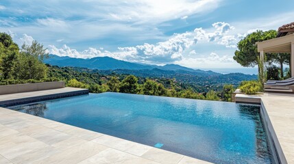 Fototapeta premium Stunning infinity pool with mountainous view under a clear sky. Perfect for relaxation and luxury lifestyle imagery.