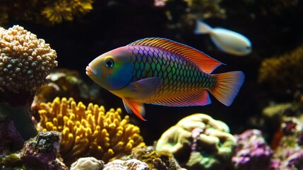 A vibrant fish swimming among colorful coral in a marine environment.