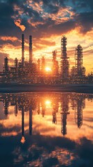 Naklejka premium Stunning industrial skyline at sunset, featuring silhouettes of factories and reflections in calm water, showcasing energy and innovation.