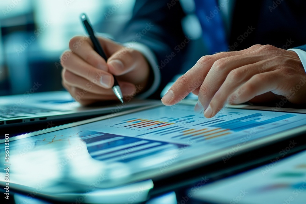 Poster hands of casual man working on laptop computer at home while using digital tablet