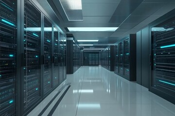 Fototapeta premium Futuristic data center hallway with sleek technology. Bright lights reflect on the shiny floor. A perfect blend of modern design and functionality. Generative AI