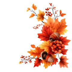 Vibrant autumn leaves and acorns create a festive fall arrangement, perfect for seasonal decorations and designs.