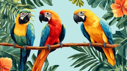 Colorful parrots perched amidst vibrant tropical foliage, showcasing nature's beauty and diversity in a lively composition.