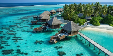 Obraz premium Overwater bungalows with wooden walkways over crystal clear turquoise water.