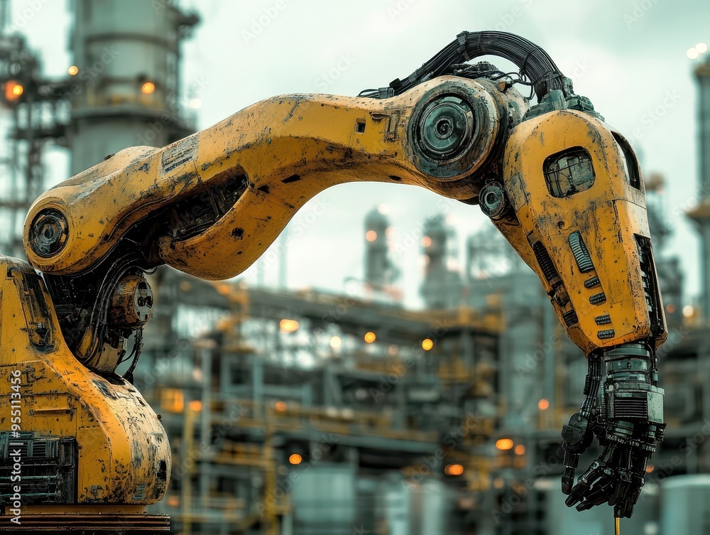 Poster industrial robot arm in factory setting, showcasing advanced automation technology and mechanics.