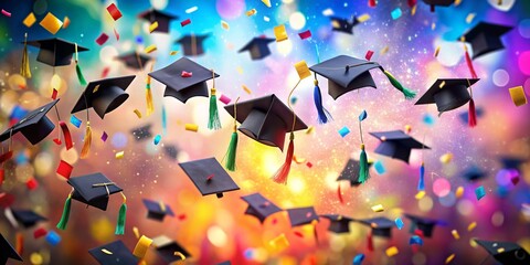Graduation hats flying in the air with colorful confetti celebrating academic success the vibrant imagery represents global scholars who have completed their studies.