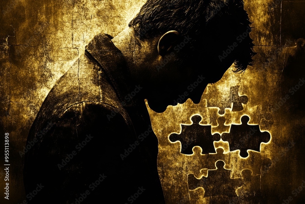 Poster logical thinking mind a man in a dark environment with a puzzle piece missing from his chest symboli