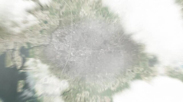 Earth zoom in from space to Brandon, Florida, USA. Followed by zoom out through clouds and atmosphere into space. Satellite view. Travel intro. Images from NASA