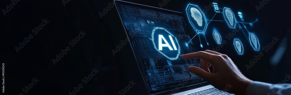 Poster on a laptop, someone is prompting with a network of digital brain circuits, machine learning, busine