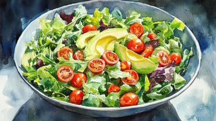 A fresh salad bowl with mixed greens, cherry tomatoes, avocado, and a light vinaigrette, vibrant watercolor shades, Salad Bowl, Healthy lunch