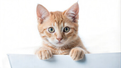 Cute orange kitten with green eyes peeking over a white surface
