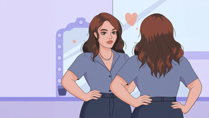 A digital illustration of a woman confidently looking at herself in the mirror, with a small heart above her reflection, symbolizing self-love and acceptance.