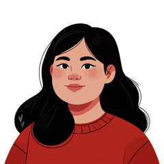 Vector portrait of a young woman with long black hair, wearing a red sweater. Ideal for avatars or profile designs.