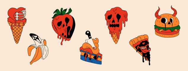 Set of Halloween food. Cute, happy, funny cartoon mascot characters