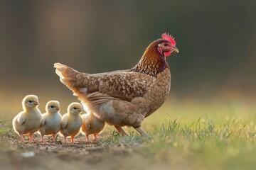 Fototapeta premium Hen and Chicks Walking in Grassy Field