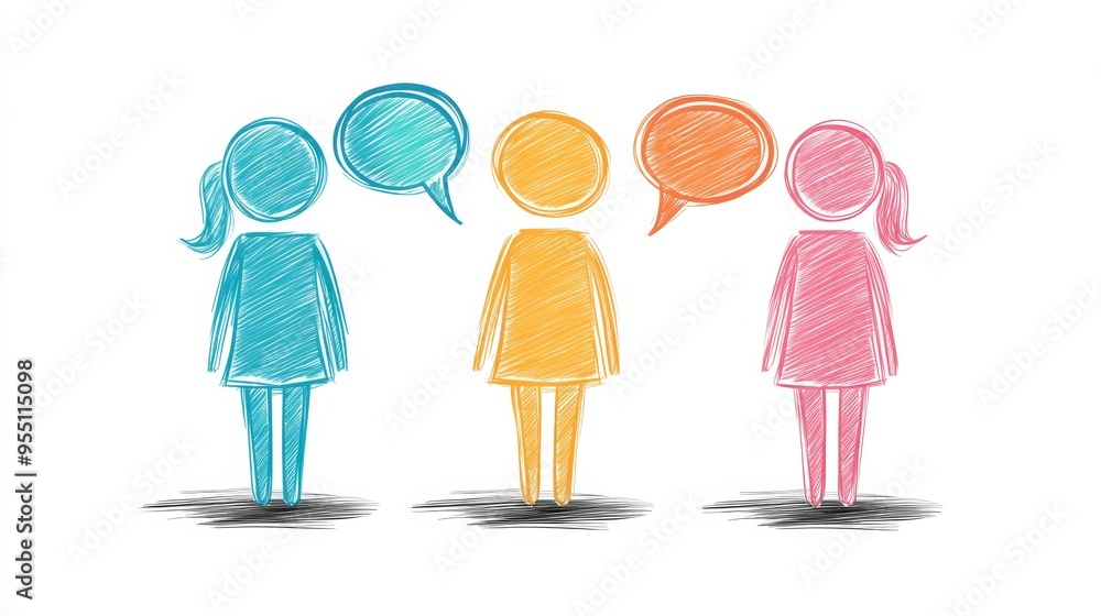 Poster three stylized figures communicating with speech bubbles, representing dialogue and interaction in a