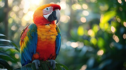 Obraz premium Vibrant Parrot Perched on Tree Branch in Lush Rainforest