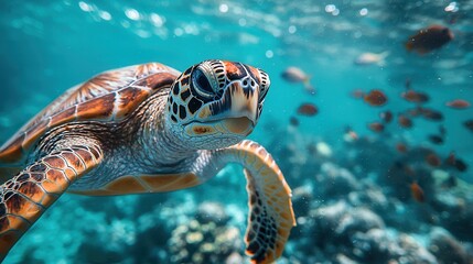 Fototapeta premium Majestic Sea Turtle Exploring Vibrant Coral Reef with Colorful Fish in Clear Blue Water