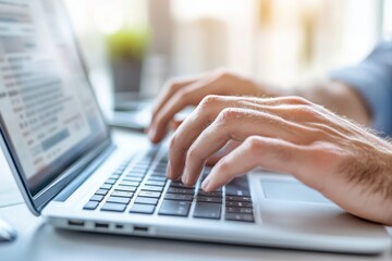 Closeup shot of a businessman's hands typing on the keyboard of a laptop computer on a wooden table
