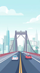 Fototapeta premium A Glimpse of Urban Life: Cars traverse a modern bridge, connecting a bustling cityscape with a clear sky and fluffy clouds, a vibrant scene of everyday motion.