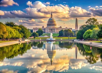 Obraz premium Panoramic view of Washington D.C.'s iconic landmarks, including the U.S. Capitol building, National Mall, and Reflecting Pool, on a sunny summer day.