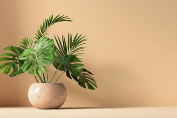 Obraz premium Flat lay frame with monstera green leaves on brown background with copy space. desktop wallpaper with monstera leaves. backdrop or green leafy tropical forest patterns for design elements.