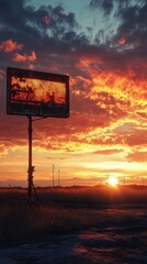 A vibrant sunset backdrop with a silhouette of a billboard, showcasing stunning colors and natural beauty in the sky.