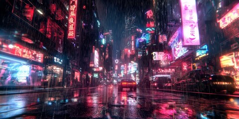 Fototapeta premium Neon-lit city street in the rain.