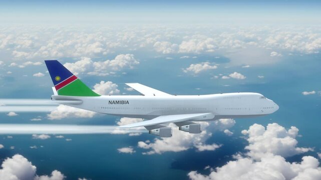 Commercial Airliner Passanger Plane Jumbo Jet Flying over Clouds with Country Flag Namibia