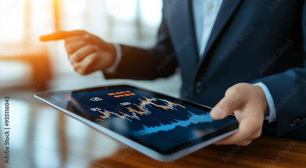 Poster the concept of business navigation in recovery, businessman touching on a virtual navigation compass