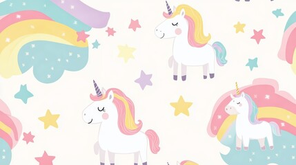 Whimsical pattern featuring colorful unicorns, rainbows, and stars, perfect for children's decor or imaginative projects.