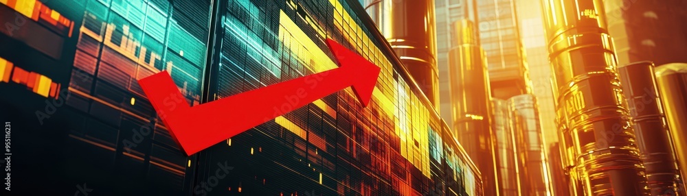 Poster a vibrant futuristic cityscape with colorful lights and a bold red arrow pointing towards progress a