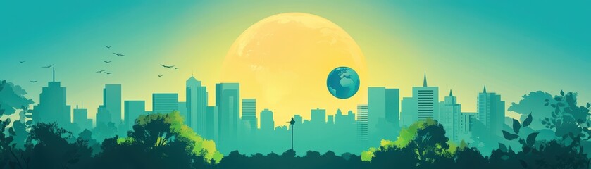 A vibrant city skyline against a bright sun and blue planet, symbolizing harmony between urban life and nature.
