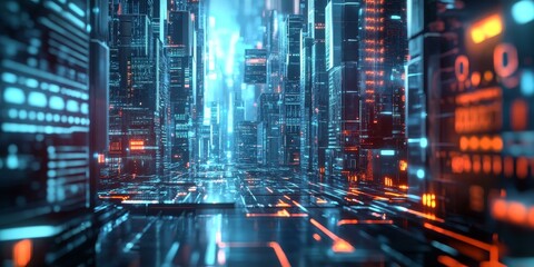 Neon-lit futuristic city with glowing lines.