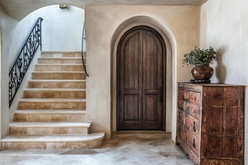 Arched doorway with wooden double doors, tiled staircase, and antique dresser.