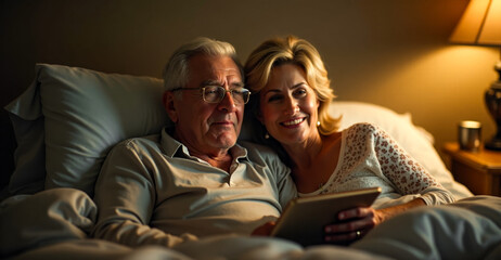 Elderly couple in bed looking at tablet, cozy bedroom atmosphere, senior technology use, relaxed evening routine, mature adults with modern device, nighttime leisure activity