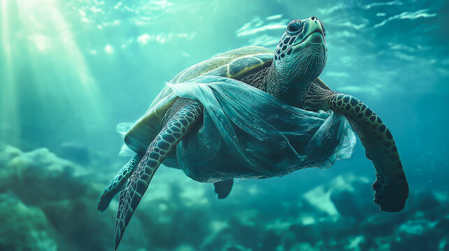 Plastic pollution is an environmental problem in the oceans. Turtle stuck in plastic bag, save ocean concept. Underwater concept of global problem with plastic waste floating in the ocean	