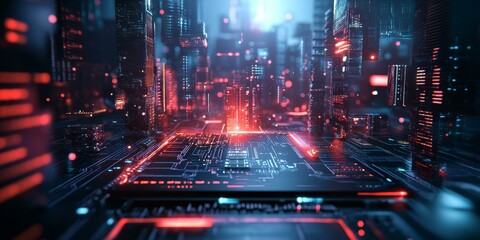 Cyberpunk city glowing red and blue.