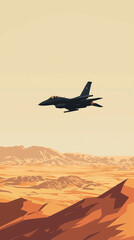 Naklejka premium A lone fighter jet cuts through the clear sky, soaring above a vast, sun-drenched desert landscape.