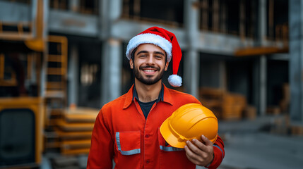 30s hispanic man, construction worker, wearing a santa hat and a uniform, holding a a helmet on the outskirts of a building construction site. 