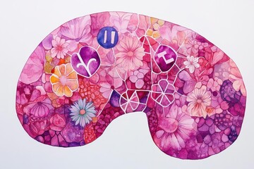 Delicate watercolor liver with an overlay of abstract awareness symbols, using a blend of pinks and purples