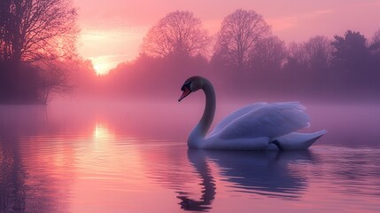 Fototapeta premium Serene Swan Floating on Misty Dawn Lake - Tranquil Nature Scene with Pink Sky Reflections