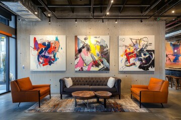 In this modern living room, two orange accent armchairs surround a white sofa against a concrete tile wall adorned with an art frame. The interior decor is Scandinavian in style.