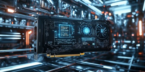 Obraz premium A graphic card with blue glowing lights.