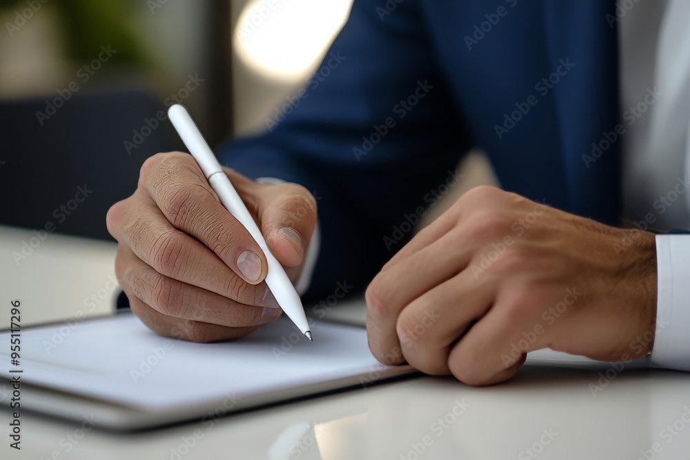 Poster close-up of a business man's hand using a stylus pen to use digital tablet on an office table with l