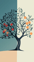 Obraz premium A Single Tree, Split in Two, Bears Fruits of Different Hues. One Side Showcases Red, the Other Orange, A Visual Tale of Contrast and Unity.