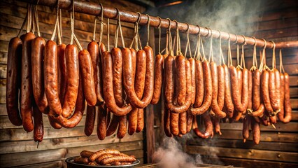 Traditional sausages being smoked in a rustic smokehouse