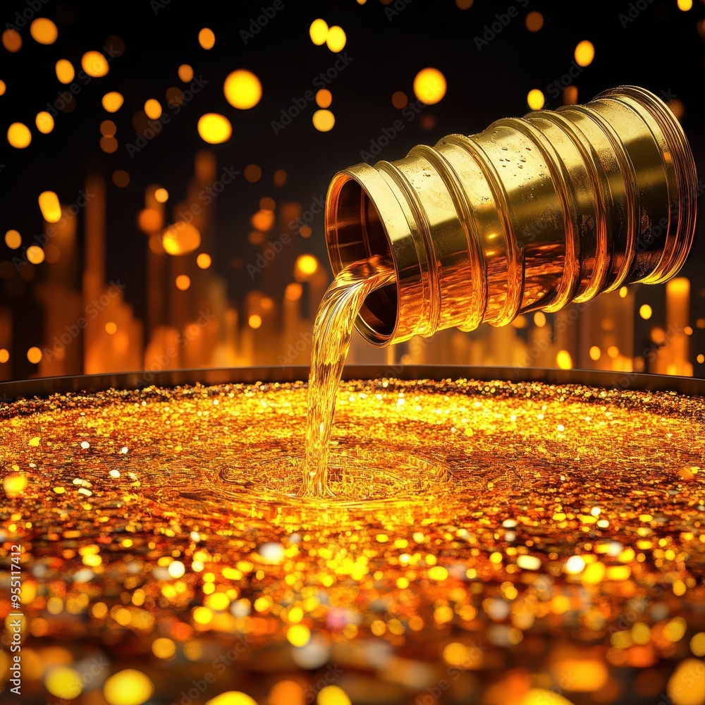 Poster a mesmerizing scene of liquid gold pouring into a shimmering pool, creating a captivating display of