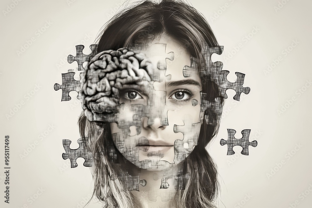 Poster cognitive processes mind a woman’s face merged with puzzle pieces symbolizing the search for identit