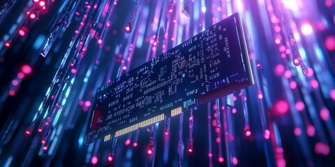 A circuit board with glowing pink lights.